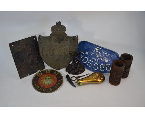 Various collectables, including three tin fire-marks, 'Royal', 'County' and 'Sun', 1948 railway 21 tons wagon-plate, bronzed 