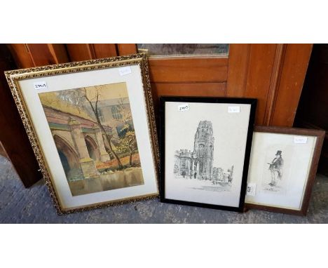 Watercolour signed 'K H Mattler 62' along with a sketch of a gentleman &amp; 1 other print