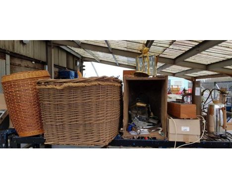 Large wicker basket, brass military shell, light fitting, Roberts radio etc