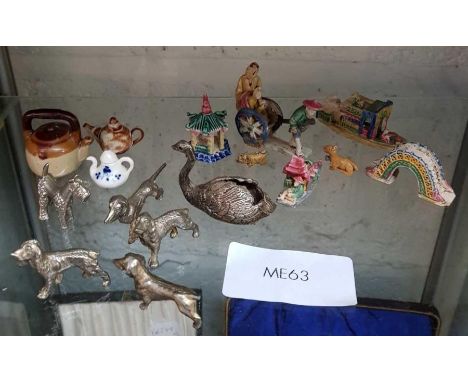 Collection of white metal dogs, miniature ceramic teapots &amp; other miniatures