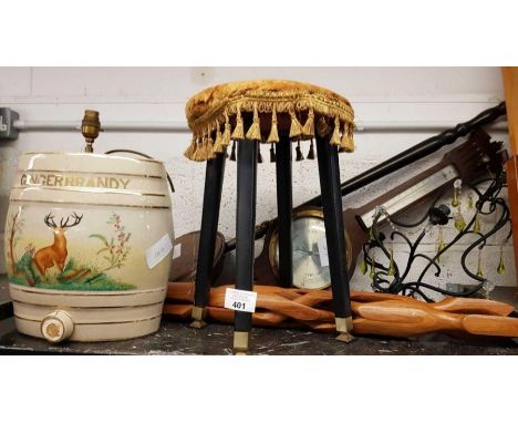 Large painted ceramic ginger brandy barrel, mid century stool, barometer, copper bed pan &amp; other items