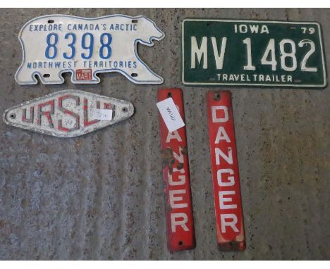 2 enamel danger signs, Ursus badge &amp; 2 American license plates