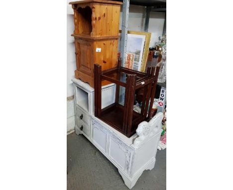 Distressed painted bench/trunk, pine bedside cabinet &amp; nest of tables