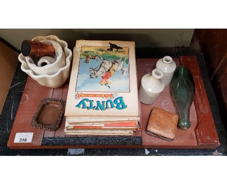 Shove h'penny board, ceramic jelly moulds, copper beakers, etc