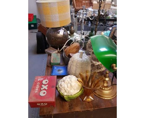 Collectables to include copper vase converted to a lamp, vintage tins, set of scales &amp; other items