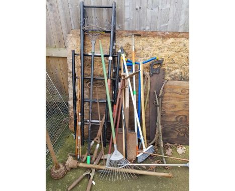 Collection of gardening tools, hand tools, ladder, horse brasses etc
