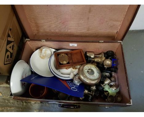 Collectables to include enamel dishes, trophies, silver cap barometer etc