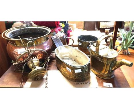 Brass &amp; copper ware to include coal scuttle, jugs &amp; light fitting &amp; watering can