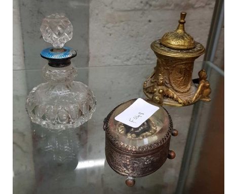 Silver &amp; enamel perfume bottle, brass inkwell &amp; a trinket box containing a morning brooch