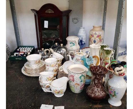 Collection of ceramic thimbles, table top display cabinet &amp; other ceramics