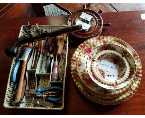 Selection of Royal Albert Old Country Roses, ship wheel barometer, reproduction gun &amp; hand tools