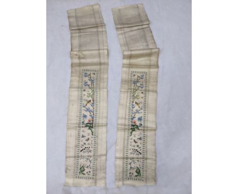 A pair of 19th century Chinese silk textiles, embroidered with birds and bamboos, China L.97cm Provenance: The estate of Miss