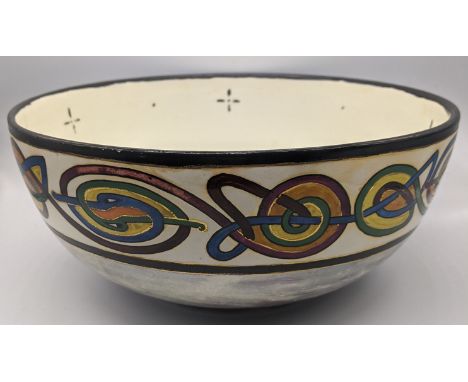 A rare Arts and Crafts Wedgwood lustre bowl, Celtic style banding, lustrous lower, the interior decorated with crosses and do