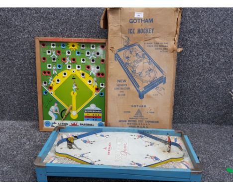 Boxed vintage tin Gotham ice hockey game with players together with Action Baseball