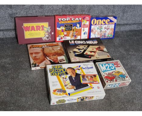 Box containing 7 boxed vintage games including Top Cat the santa claws scam, Wari, every second counts etc
