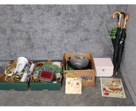 Miscellaneous items to include a biscuit barrel, glass oil lamp shade, two rolls of Holden wallpaper, wall sconces etc. 3 box