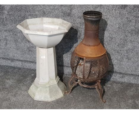 Outdoor Metal chiminea, height 85cm together with large plastic stone effect planter