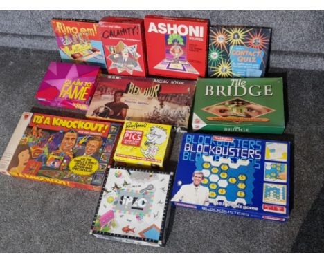 Box of 11 vintage games including Waddingtons Blockbusters, Bells Ben-Hur, Rolf Harris cartoon pics, games Workshop Calamity 