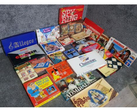 Box containing 23 boxed vintage boardgames including Admirals, Sea Hawks, Waddingtons campaign etc