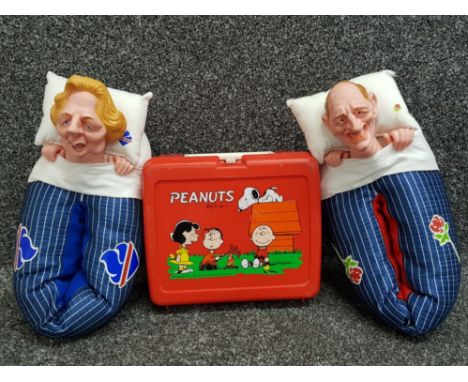 Pair of novelty spitting image slippers and vintage Peanuts snoopy lunch box