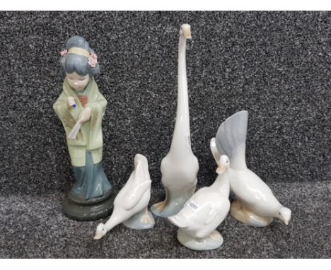 3 Nao by lladro geese figurines together with one other spanish bird and Lladro geisha girl