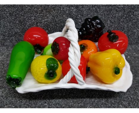 Glass fruit to include orange, grapes etc in a ceramic Berardos Portugal basket.
