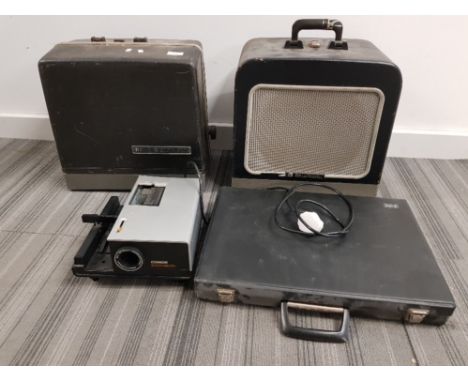 Chinon 5000 electro projector together with vintage Bell &amp; Howell speakers plus case of slides