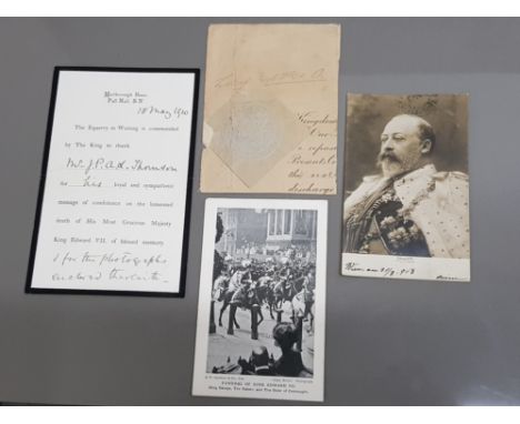 King Edward VII portion of a document signed by him, also vintage post cards of him and another showing his funeral processio