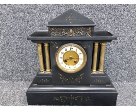 A 19th century black slate and gilt mantle clock, with Arabic enamel dial 39cm high.