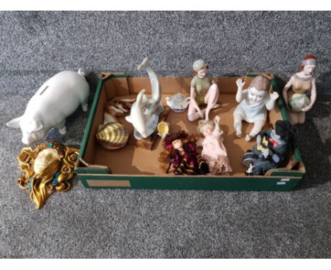 Various dolls, figures and ornaments to include a dolphin group, two ceramic dolls, bisque doll, etc.