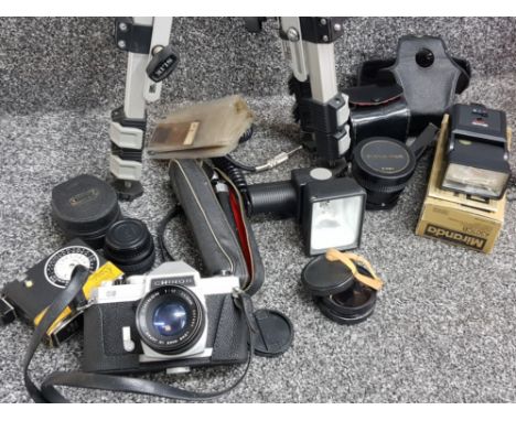Chinon CS camera together with mixed camera accessories including lenses, flash, tripod etc