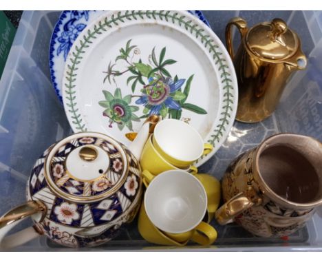 Box of mixed china including gold Royal Worcester coffee pot, imari patterned teapot etc