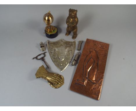 A Collection Of Metal Ware to Include Brass Bear Money Box, Copper Penguin Panel, Globe Cigarette Lighter, Brass Letter Clip,