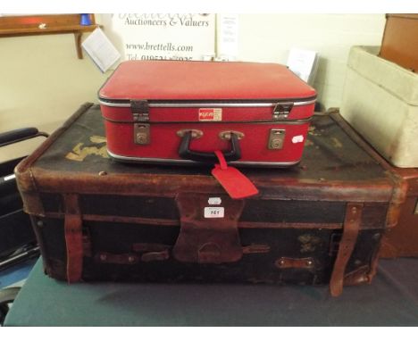 A Leather Mounted Brass Studded Cabin Trunk and Hand Luggage with BEA label.