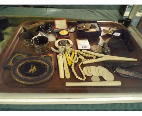 A Tray of Interesting Sundries to Include Ivory Glove Stretchers, Counters and Cheroot Holder, Tortoiseshell Oval Tea Caddy L