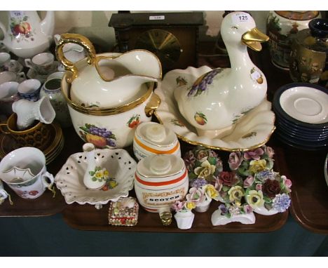 A Tray of Fruit Pattern China, Posy Ornaments, Wade Decanter Casks.