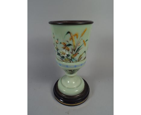 A Victorian Opaque Glass Oil Lamp Stand with Painted Floral Decoration.