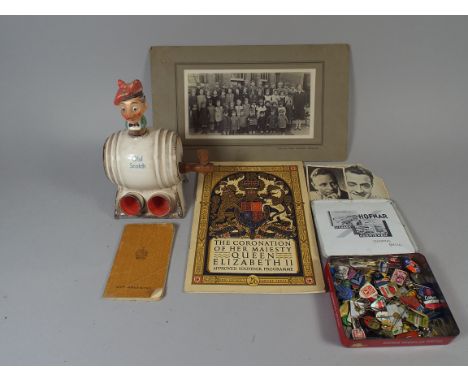 A Box of Sundries to Include Autographed Photos, Enamelled Badges, Whiskey Decanter etc. 