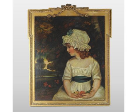 English School, (circa 1840), portrait of a girl, seated in a landscape, oil on canvas, 75 x 62cm, in an ornate gilt frame