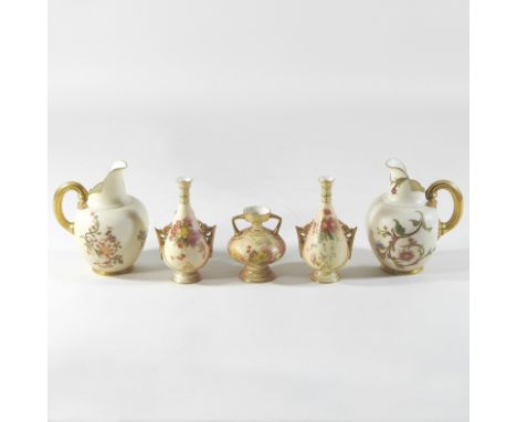 A pair of late 19th century Royal Worcester blush ivory jugs, shape 1094, each 12cm high, together with a pair of vases and a