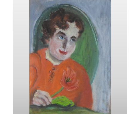 Lucy Harwood *ARR, (1893-1972), portrait of Frederica, pastel, bearing a label for the Colchester Art Society, 53 x 38cm. An 