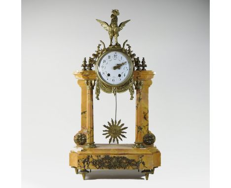 A 19th century French marble cased portico clock, with gilt metal mounts, surmounted by a cockerel, the enamel dial painted w