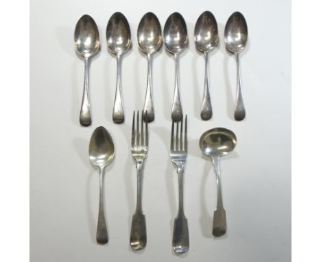 A set of six George V silver Old English pattern dessert spoons, Sheffield 1928, together with a pair of Victorian silver fid