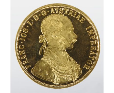 An Austrian gold four Ducat, 1915, obverse with Emperor Franz Joseph I laureate head, reverse with Austrian coat of arms upon