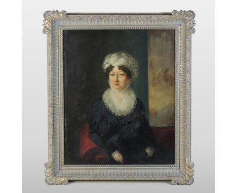 English School, (19th century), three quarter length portrait of a lady, seated, oil on copper, 34 x 28cm, bearing a label fo