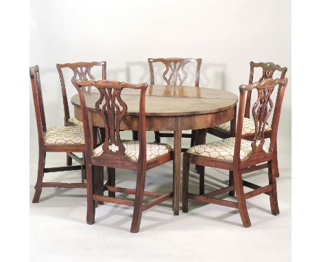 A pair of George III mahogany half round side tables, each 121cm, together with a matched set of six George III carved mahoga