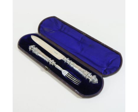 A Victorian silver serving knife and fork, Sheffield 1851, in a fitted case