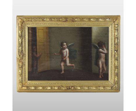 French School, (19th century), cherubs playing, oil on board, 18 x 27cm