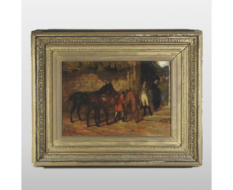 English School, (19th century), 'The Parting', figures and horses by a garden gate, oil on canvas, 27 x 39cm