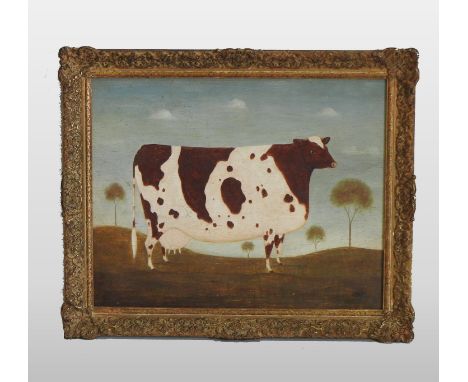 English School, (20th century), a naive portrait of a prize cow, signed with initials PV, oil on board, 39 x 49cm